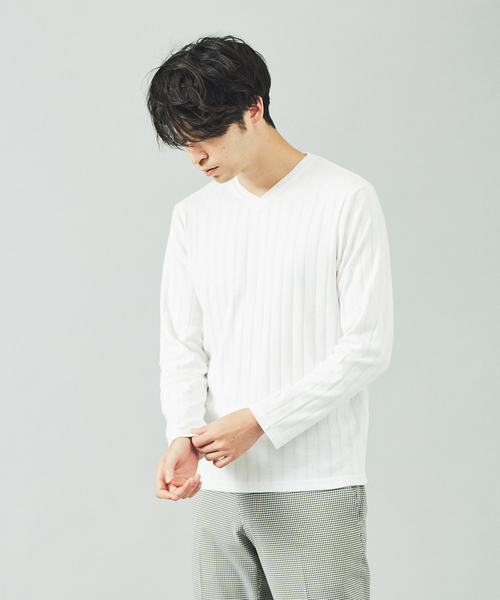 ABAHOUSE GRAY(アバハウスグレイ)の「【展開店舗限定】汗染軽減 針抜リブ Vネック長袖 Tシャツ(Tシャツ/カットソー・メンズ・ホワイト/グレイッシュベージュ/ネイビー/ブラック・46/48)」の3枚目の写真