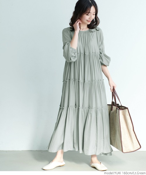 coca(coca)(コカ)の「とろみサテンティアードワンピース(ワンピース・レディース・グレー/ライトグリーン・ONE SIZE)」の8枚目の写真
