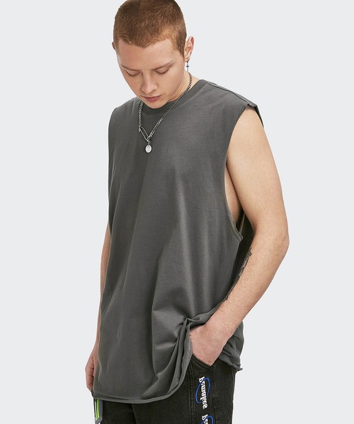 INFLATION(インフレーション)の「INFLATION(インフレーション)カットオフクルーネックタンクトップ カットソー ノースリーブ(タンクトップ・メンズ・ホワイト/チャコールグレー/カーキ/ライトグリーン・M/L/XL)」の3枚目の写真