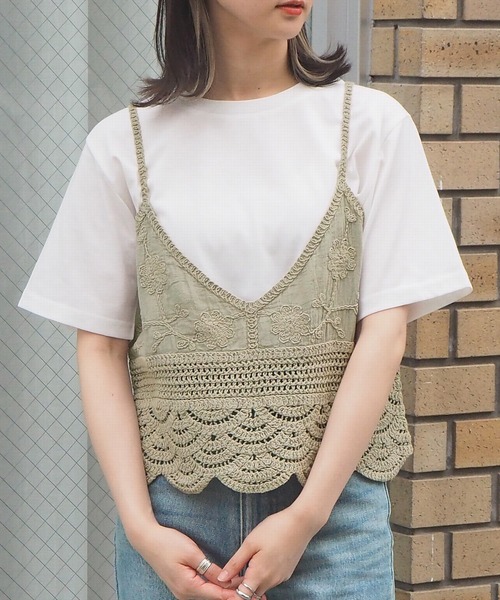 tiptop（ティップトップ）の「2021SS カギ針風キャミソール×Tシャツセット（ベスト・レディース・アイボリー/ピンク/グリーン/ブラック・FREE）」の3枚目の写真