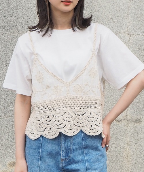 tiptop（ティップトップ）の「2021SS カギ針風キャミソール×Tシャツセット（ベスト・レディース・アイボリー/ピンク/グリーン/ブラック・FREE）」の9枚目の写真