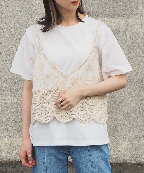 tiptop（ティップトップ）の「2021SS カギ針風キャミソール×Tシャツセット（ベスト・レディース・アイボリー/ピンク/グリーン/ブラック・FREE）」の11枚目の写真