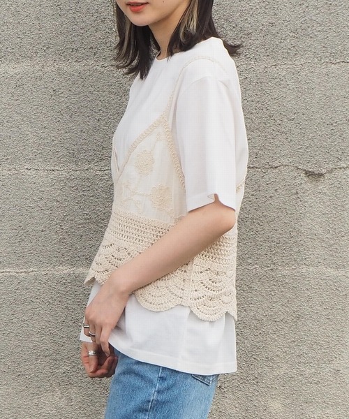 tiptop（ティップトップ）の「2021SS カギ針風キャミソール×Tシャツセット（ベスト・レディース・アイボリー/ピンク/グリーン/ブラック・FREE）」の12枚目の写真