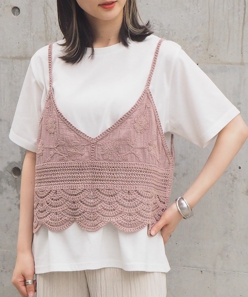 tiptop（ティップトップ）の「2021SS カギ針風キャミソール×Tシャツセット（ベスト・レディース・アイボリー/ピンク/グリーン/ブラック・FREE）」の16枚目の写真