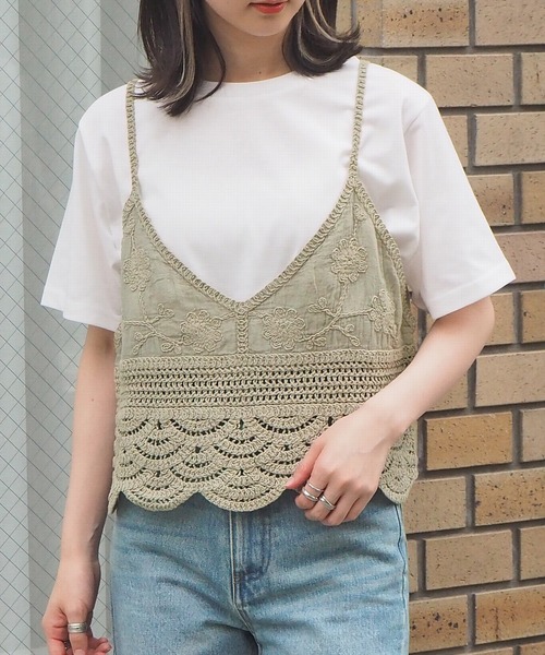 tiptop（ティップトップ）の「2021SS カギ針風キャミソール×Tシャツセット（ベスト・レディース・アイボリー/ピンク/グリーン/ブラック・FREE）」の19枚目の写真