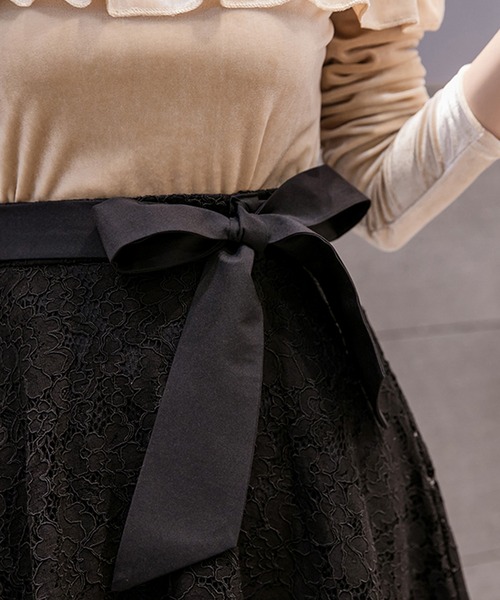 Grandeir（グランディール）の「ウエストリボン レース フレアスカート（スカート・レディース・ブラック/アイボリー・M）」の5枚目の写真