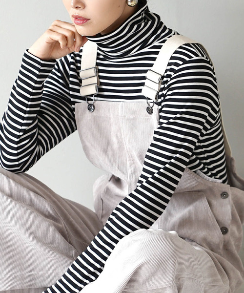 zootie（ズーティー）の「【着た瞬間あったかい】無地＆ボーダー 裏起毛タートルネックカットソー（Tシャツ/カットソー・レディース・チャコール/オレンジ/ブラック×グレー/アイボリー/ブラック/ライトベージュ/バーガンディー/ブラック×ホワイト/マスタード/杢グレー/ダークグリーン・L/M/LL）」の4枚目の写真