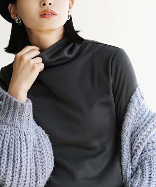 zootie（ズーティー）の「【着た瞬間あったかい】無地＆ボーダー 裏起毛タートルネックカットソー（Tシャツ/カットソー・レディース・チャコール/オレンジ/ブラック×グレー/アイボリー/ブラック/ライトベージュ/バーガンディー/ブラック×ホワイト/マスタード/杢グレー/ダークグリーン・L/M/LL）」の6枚目の写真