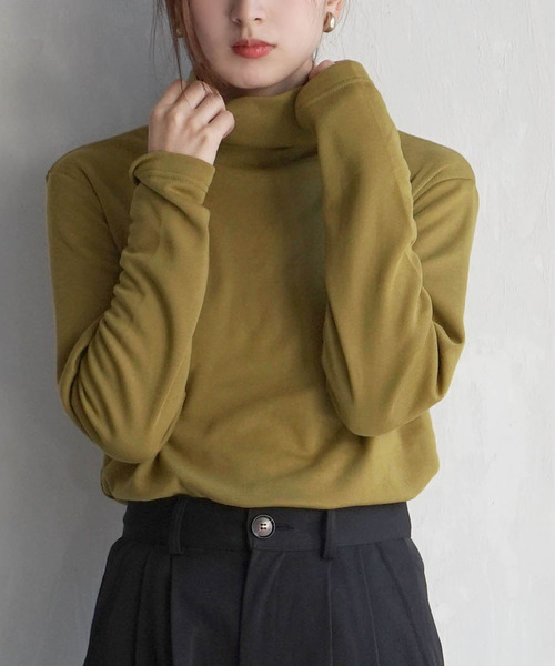 zootie（ズーティー）の「【着た瞬間あったかい】無地＆ボーダー 裏起毛タートルネックカットソー（Tシャツ/カットソー・レディース・チャコール/オレンジ/ブラック×グレー/アイボリー/ブラック/ライトベージュ/バーガンディー/ブラック×ホワイト/マスタード/杢グレー/ダークグリーン・L/M/LL）」の9枚目の写真