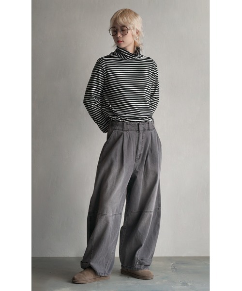 zootie（ズーティー）の「【着た瞬間あったかい】無地＆ボーダー 裏起毛タートルネックカットソー（Tシャツ/カットソー・レディース・チャコール/オレンジ/ブラック×グレー/アイボリー/ブラック/ライトベージュ/バーガンディー/ブラック×ホワイト/マスタード/杢グレー/ダークグリーン・L/M/LL）」の22枚目の写真