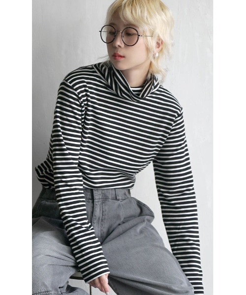 着た瞬間あったかい】無地＆ボーダー 裏起毛タートルネックカットソー