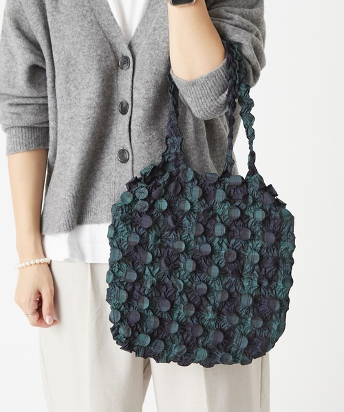BIRTHDAY BAR(バースデイバー)の「HAM-12 Botan-Shibori Bag ボタンしぼりバッグ チェック柄 /エコバッグ(ハンドバッグ・レディース・グレー/ピンク/グリーン・フリー)」の2枚目の写真