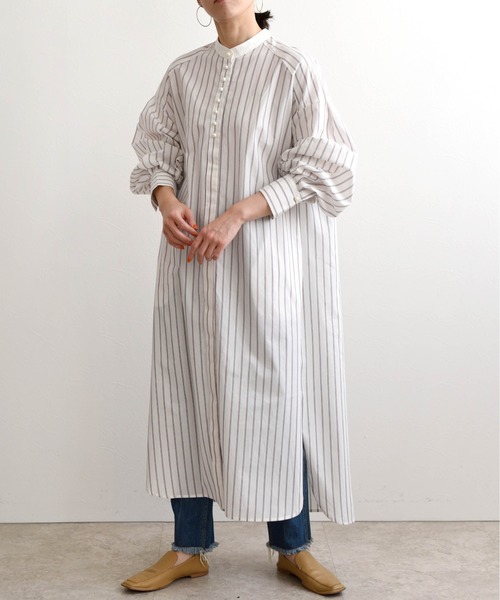 LHELBIE(レルビエ)の「ストライプボリュームシャツワンピ(シャツワンピース・レディース・オフホワイト/サックスブルー/ピンク・M)」の2枚目の写真