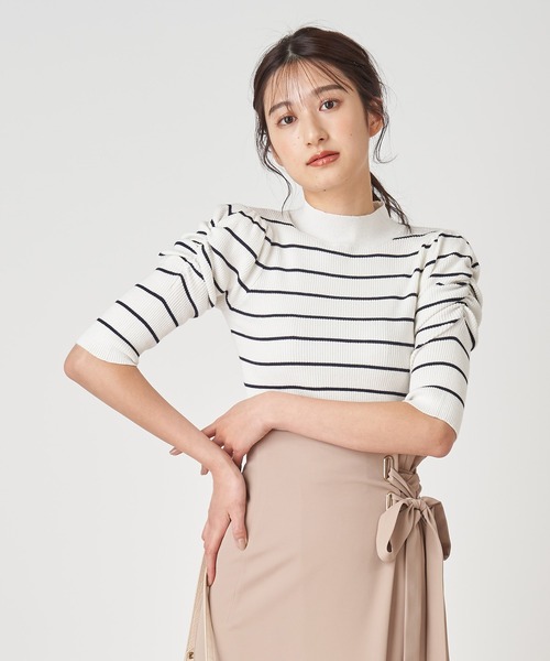 ROYAL PARTY（ロイヤルパーティー）の「【洗えるニット】プチハイネック半袖ニットトップス（ニット/セーター・レディース・ブラック/ベージュ/オフホワイト/ピンク/マルチ・FREE）」の5枚目の写真