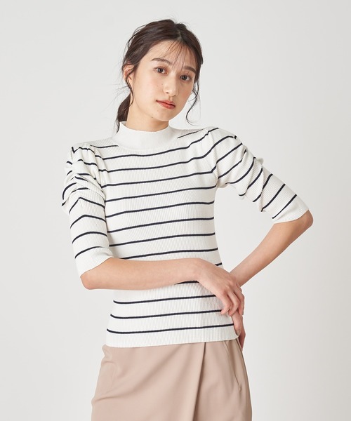 ROYAL PARTY（ロイヤルパーティー）の「【洗えるニット】プチハイネック半袖ニットトップス（ニット/セーター・レディース・ブラック/ベージュ/オフホワイト/ピンク/マルチ・FREE）」の12枚目の写真