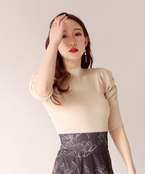 ROYAL PARTY（ロイヤルパーティー）の「【洗えるニット】プチハイネック半袖ニットトップス（ニット/セーター・レディース・ブラック/ベージュ/オフホワイト/ピンク/マルチ・FREE）」の7枚目の写真