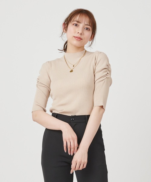 ROYAL PARTY（ロイヤルパーティー）の「【洗えるニット】プチハイネック半袖ニットトップス（ニット/セーター・レディース・ブラック/ベージュ/オフホワイト/ピンク/マルチ・FREE）」の21枚目の写真