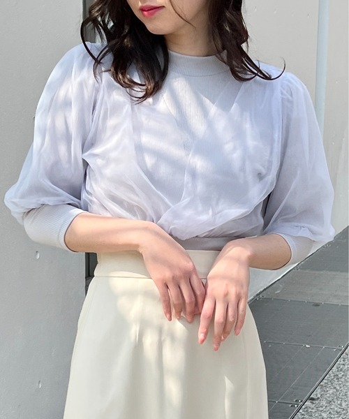 one way（ワンウェイ）の「チュールレイヤード6分袖トップス（Tシャツ/カットソー・レディース・ホワイト/ライトグレー/ブラック/ライトピンク・FREE）」の3枚目の写真