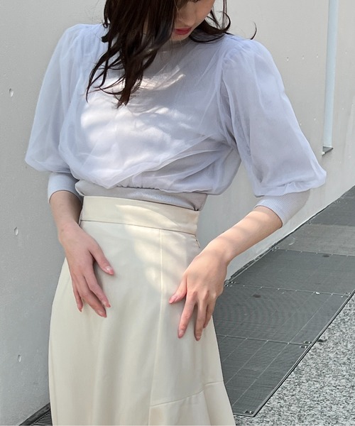 one way（ワンウェイ）の「チュールレイヤード6分袖トップス（Tシャツ/カットソー・レディース・ホワイト/ライトグレー/ブラック/ライトピンク・FREE）」の8枚目の写真