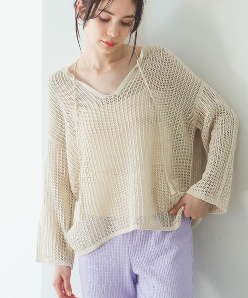 B:MING by BEAMS（ビーミングバイビームス）の「B:MING by BEAMS / オーガニックコットン 透かしニット プルオーバー 22SS（ニット/セーター・レディース・アイボリー/ブラウン/ベージュ・ONE SIZE）」の8枚目の写真