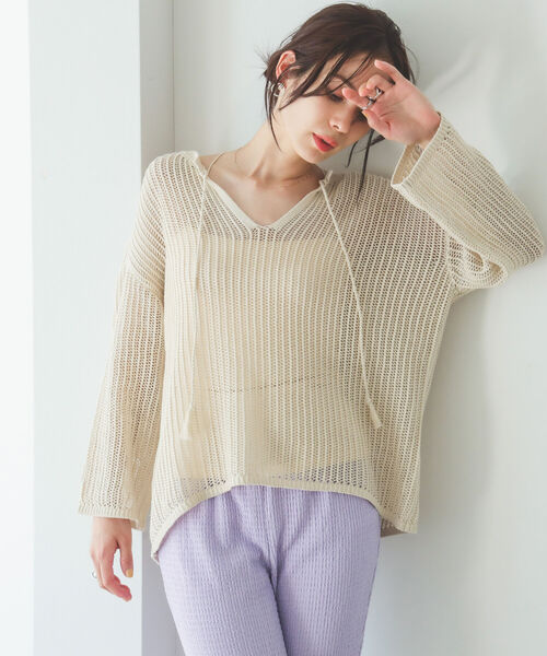 B:MING by BEAMS（ビーミングバイビームス）の「B:MING by BEAMS / オーガニックコットン 透かしニット プルオーバー 22SS（ニット/セーター・レディース・アイボリー/ブラウン/ベージュ・ONE SIZE）」の11枚目の写真