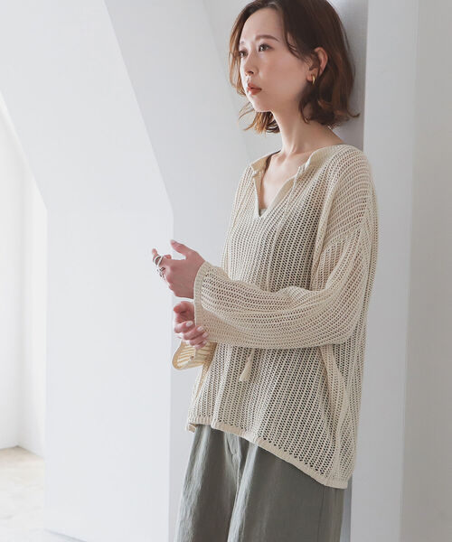 B:MING by BEAMS（ビーミングバイビームス）の「B:MING by BEAMS / オーガニックコットン 透かしニット プルオーバー 22SS（ニット/セーター・レディース・アイボリー/ブラウン/ベージュ・ONE SIZE）」の7枚目の写真