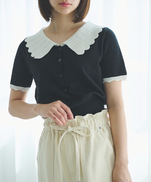 FREE'S MART（フリーズマート）の「【WEB限定】◇襟付き半袖コンパクトニット（ニット/セーター・レディース・ホワイト/ブラック・FREE）」の12枚目の写真