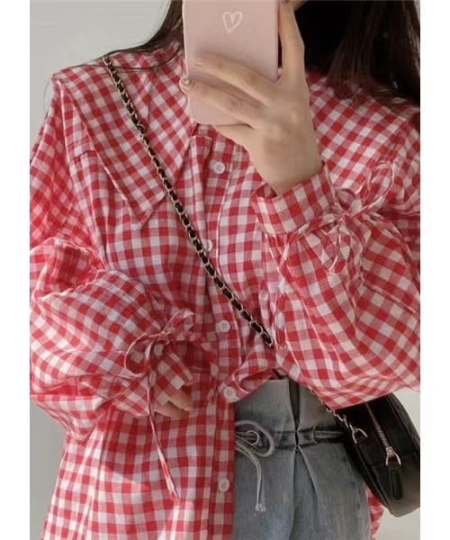 Dream garden(ドリームガーデン)の「ギンガムチェックシャツ(シャツ/ブラウス・レディース・レッド/ブラック・M/S/L/XL)」の19枚目の写真