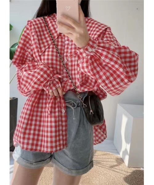 Dream garden(ドリームガーデン)の「ギンガムチェックシャツ(シャツ/ブラウス・レディース・レッド/ブラック・M/S/L/XL)」の17枚目の写真
