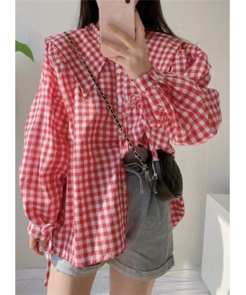 Dream garden(ドリームガーデン)の「ギンガムチェックシャツ(シャツ/ブラウス・レディース・レッド/ブラック・M/S/L/XL)」の14枚目の写真