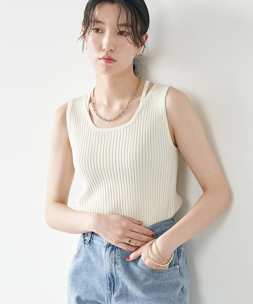 earth music&ecology（アースミュージックアンドエコロジー）の「リサイクルポリエステルブレンドニットタンクトップ（タンクトップ・レディース・アイボリー/ブラック/モカ/ブルーグレー・S/M）」の2枚目の写真