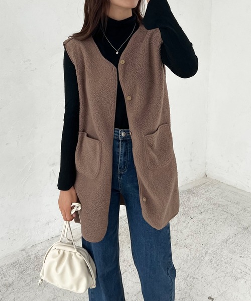 Lamoa（ラモア）の「Lamoa/ノーカラー ロング ボアベスト（ベスト・レディース・ブラウン/ベージュ/アイボリー・MEDIUM/LARGE）」の3枚目の写真