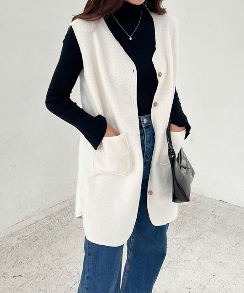 Lamoa（ラモア）の「Lamoa/ノーカラー ロング ボアベスト（ベスト・レディース・ブラウン/ベージュ/アイボリー・MEDIUM/LARGE）」の2枚目の写真