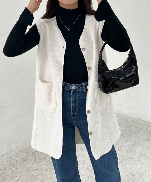 Lamoa（ラモア）の「Lamoa/ノーカラー ロング ボアベスト（ベスト・レディース・ブラウン/ベージュ/アイボリー・MEDIUM/LARGE）」の7枚目の写真