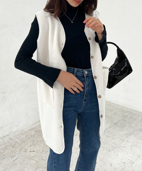 Lamoa（ラモア）の「Lamoa/ノーカラー ロング ボアベスト（ベスト・レディース・ブラウン/ベージュ/アイボリー・MEDIUM/LARGE）」の11枚目の写真