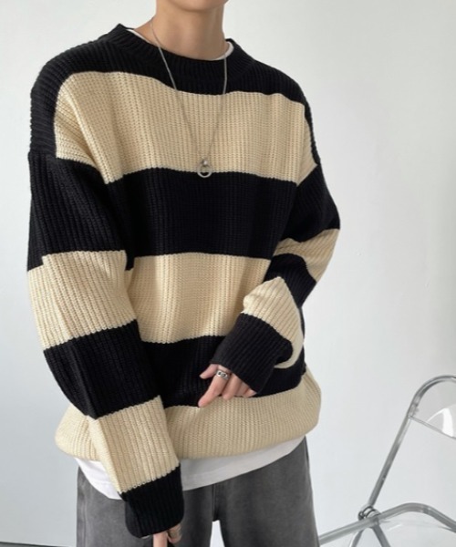 MGV(エムジーヴィー)の「クルーネックボーダーニット(ニット/セーター・メンズ・グリーン/ブラック・MEDIUM/LARGE/X-LARGE)」の6枚目の写真