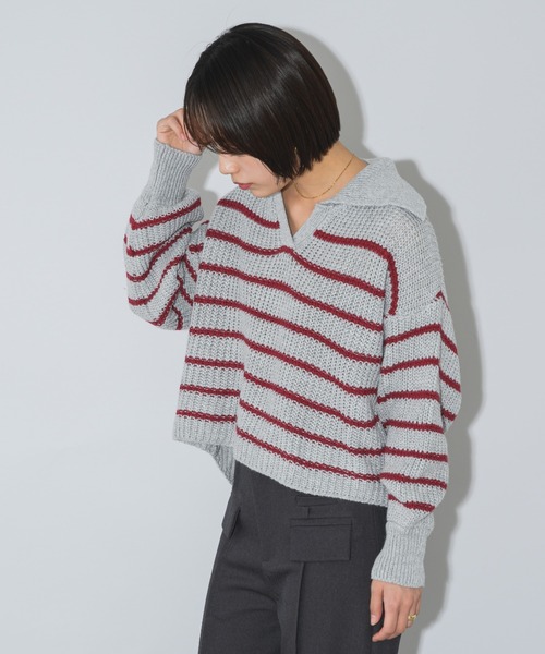 mebole(メボレ)の「クロップド丈スキッパーボーダーニット(ニット/セーター・レディース・グレー/レッド/パープル・FREE)」の7枚目の写真