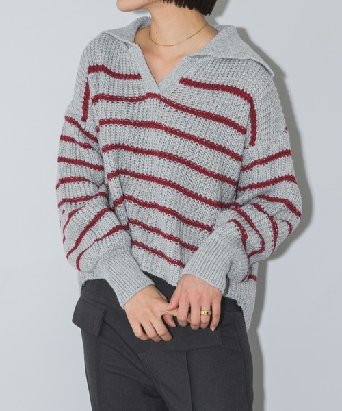 mebole(メボレ)の「クロップド丈スキッパーボーダーニット(ニット/セーター・レディース・グレー/レッド/パープル・FREE)」の10枚目の写真