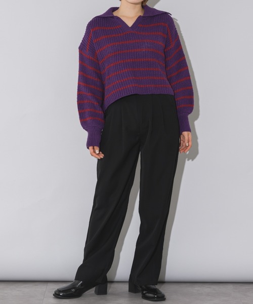 mebole(メボレ)の「クロップド丈スキッパーボーダーニット(ニット/セーター・レディース・グレー/レッド/パープル・FREE)」の4枚目の写真