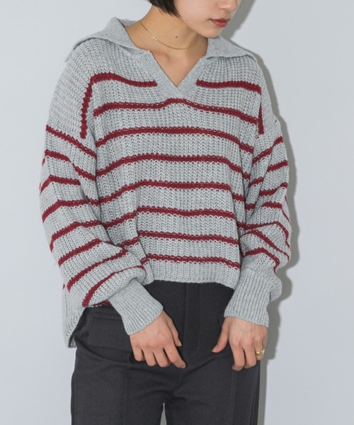 mebole(メボレ)の「クロップド丈スキッパーボーダーニット(ニット/セーター・レディース・グレー/レッド/パープル・FREE)」の11枚目の写真