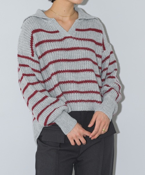 mebole(メボレ)の「クロップド丈スキッパーボーダーニット(ニット/セーター・レディース・グレー/レッド/パープル・FREE)」の12枚目の写真