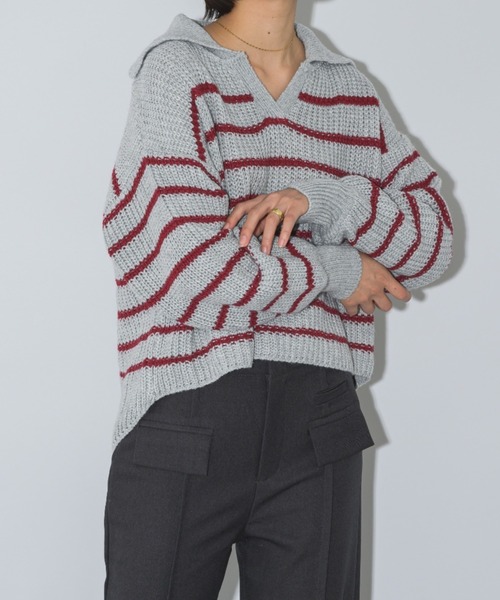 mebole(メボレ)の「クロップド丈スキッパーボーダーニット(ニット/セーター・レディース・グレー/レッド/パープル・FREE)」の16枚目の写真
