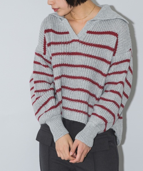 mebole(メボレ)の「クロップド丈スキッパーボーダーニット(ニット/セーター・レディース・グレー/レッド/パープル・FREE)」の14枚目の写真