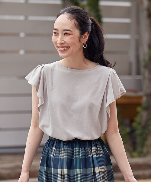 【接触冷感/UVケア/シワになりにくい】フレアスリーブTブラウス