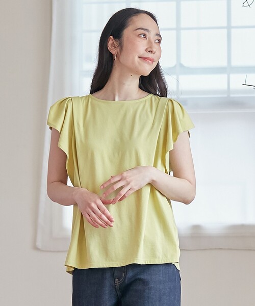 【接触冷感/UVケア/シワになりにくい】フレアスリーブTブラウス