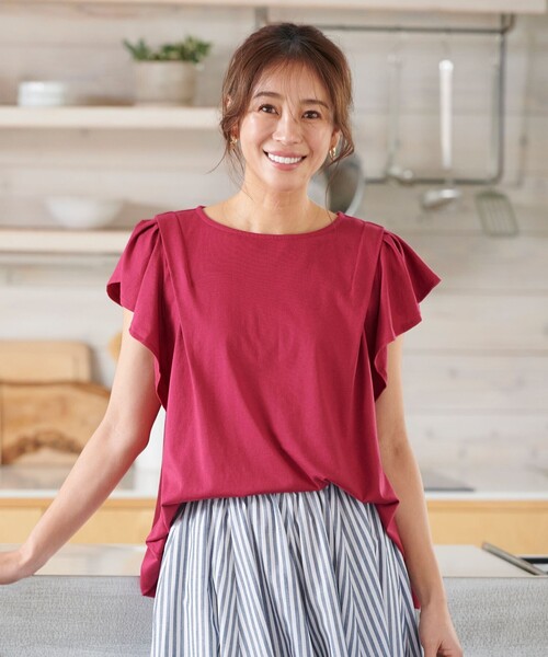 【接触冷感/UVケア/シワになりにくい】フレアスリーブTブラウス