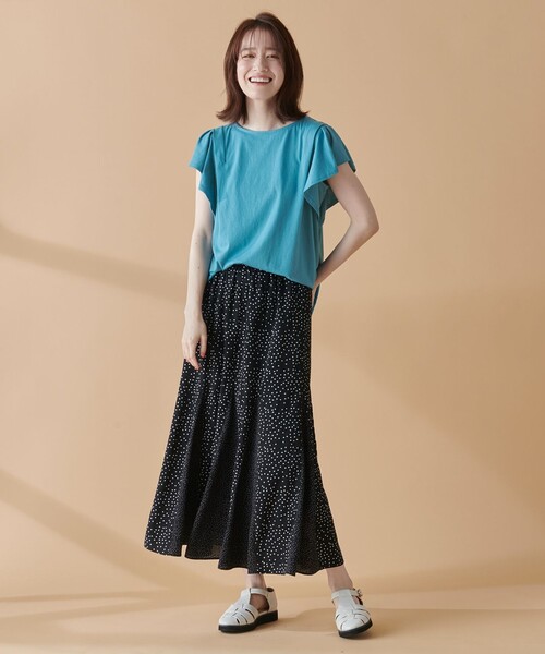 【接触冷感/UVケア/シワになりにくい】フレアスリーブTブラウス