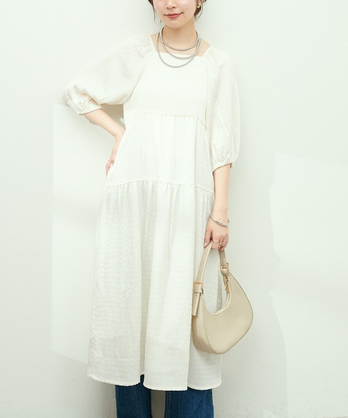 ボリューム袖ギャザーティアードワンピース