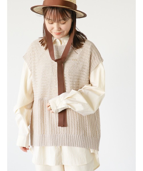 ehka sopo（エヘカソポ）の「メッシュ編みニットベスト（ベスト・レディース・キナリ/サックスブルー/グレー/ブラック・ﾌﾘ-）」の3枚目の写真