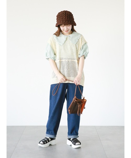 ehka sopo（エヘカソポ）の「メッシュ編みニットベスト（ベスト・レディース・キナリ/サックスブルー/グレー/ブラック・ﾌﾘ-）」の13枚目の写真